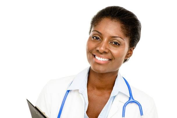 Portrait confident African American female doctor white background - Фото, изображение