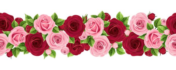 Vektor horizontale nahtlose Girlande mit weinroten und rosa Rosen. - Vektor, Bild