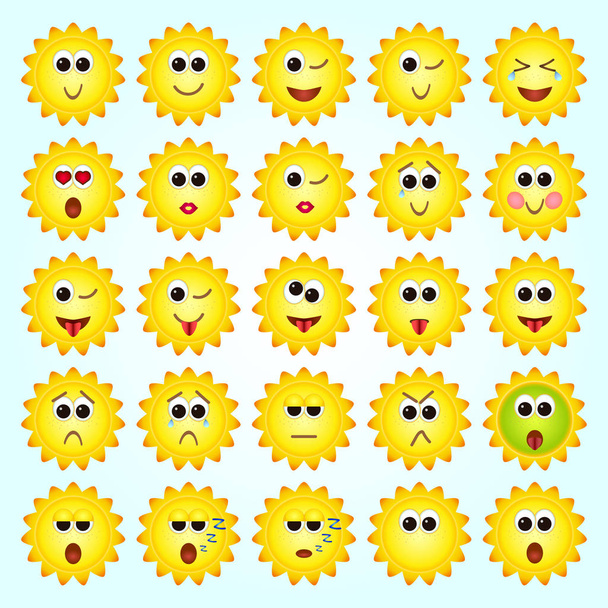 Auringonlasku, auringonkukat, hymiöt. Emoji-sarja
. - Vektori, kuva