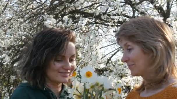 Portret dorosłych średnim wieku matka i jej córka dorosły, który daje bukiet żonkile na dzień matki na tle kwitnących drzew - Materiał filmowy, wideo