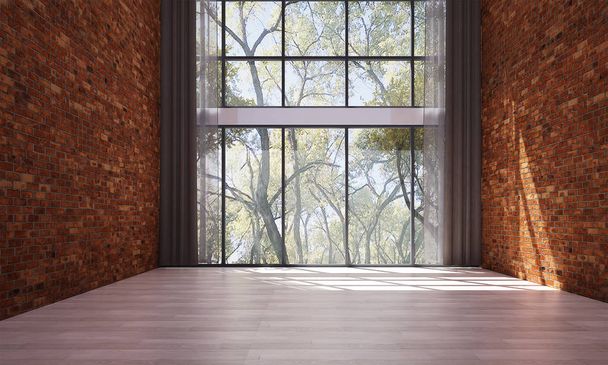 die Innenarchitektur des leeren Wohnzimmers und roter Ziegelwand Muster Design und Wald Blick Hintergrund - Foto, Bild