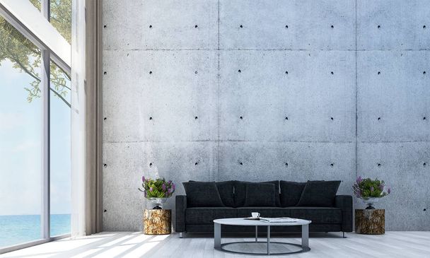 A belső kialakítás a nappali és a beton fal minta és tengeri Nézd háttér - Fotó, kép