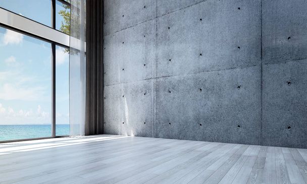 Il design degli interni del soggiorno vuoto e del disegno del modello di parete in cemento e dello sfondo vista mare
 - Foto, immagini