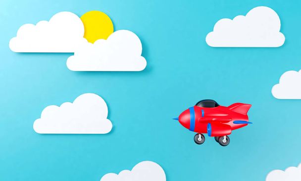 Speelgoed vliegtuig vliegen boven wolk hemel achtergrond plat ontwerp, 3D-rendering  - Foto, afbeelding