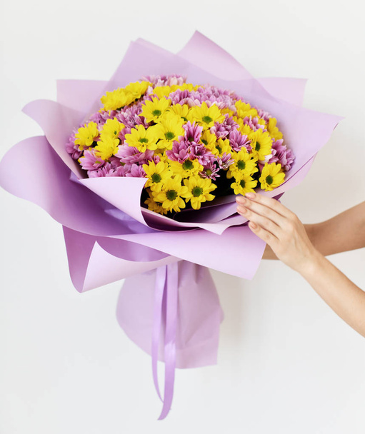 Beautiful woman hands hold bouquet of chrysanthemum flowers yellow and purple on white  - Fotó, kép