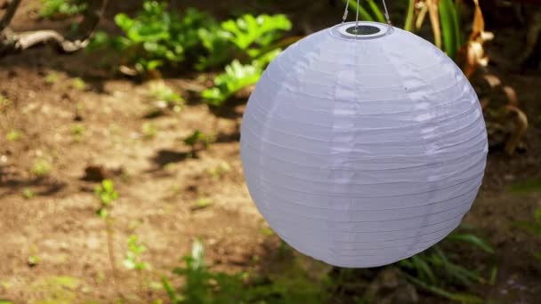 Lampy na baterie słoneczne w ogrodzie w kształcie kulki tkanki. - Materiał filmowy, wideo