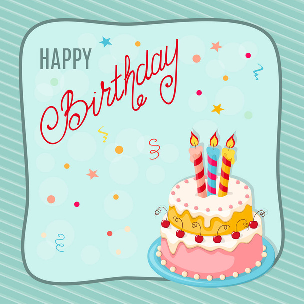 Открытка на день рождения с тортом, вишней, тремя свечами в рамку
 - Вектор,изображение