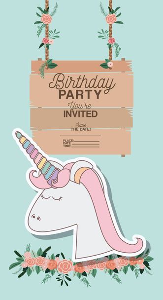 tarjeta de fiesta de cumpleaños invitada con unicornio
 - Vector, Imagen