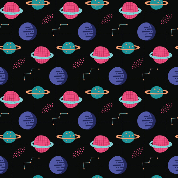 Planet pop color in outer space. A playful, modern, and flexible pattern for brand who has cute and fun style. Repeated pattern. Happy, bright, and magical mood. - Vector, Image
