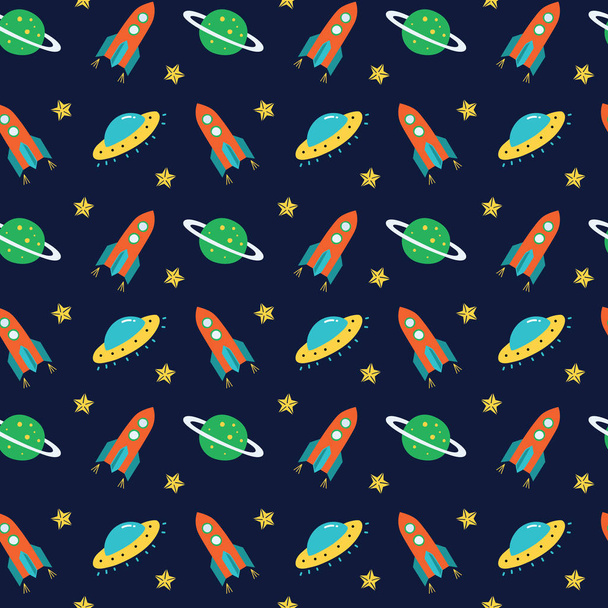Rocket, ufo, planet, star in navy sky. A playful, modern, and flexible pattern for brand who has cute and fun style. Repeated pattern. Happy, bright, and magical mood. - Vector, Image
