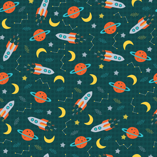 Rocket, planet, astrological sign, star, moon in tosca. A playful, modern, and flexible pattern for brand who has cute and fun style. Repeated pattern. Happy, bright, and magical mood. - Vector, Image