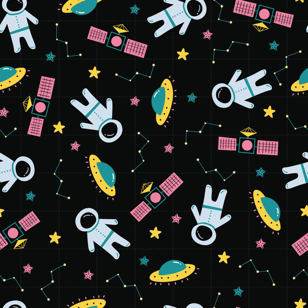 Astrounaut、衛星、黒い空に ufo。かわいい、楽しいスタイルを持っているブランドの遊び心のある、モダン、かつ柔軟なパターン。パターンの繰り返し。幸せな、明るい、そして魔法の気分. - ベクター画像