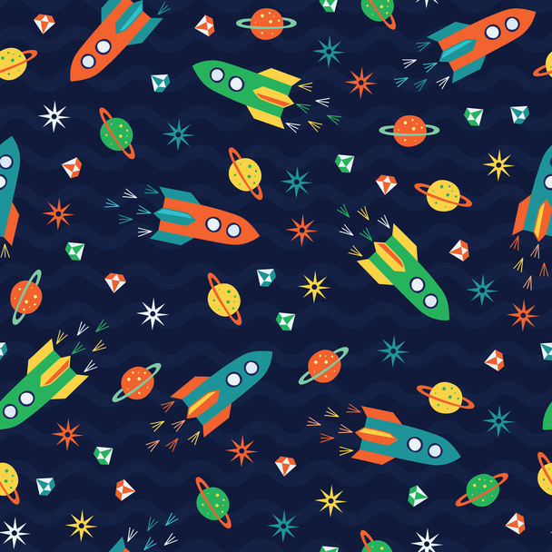 Rocket flying with planet, diamond, star. A playful, modern, and flexible pattern for brand who has cute and fun style. Repeated pattern. Happy, bright, and magical mood. - Vector, afbeelding
