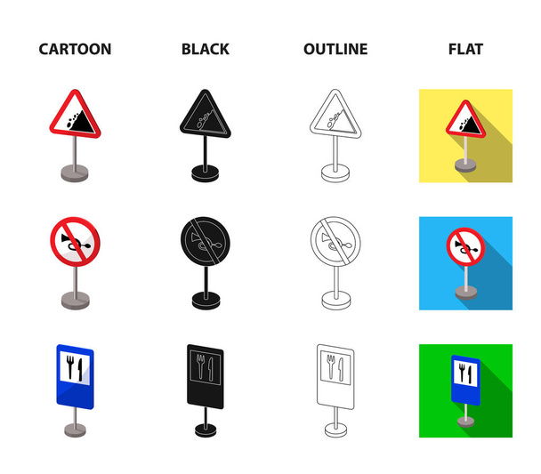 Diferentes tipos de sinais de estrada desenhos animados, preto, contorno, ícones planos na coleção de conjuntos para design. Sinais de advertência e proibição Símbolos vetoriais ilustração web
. - Vetor, Imagem