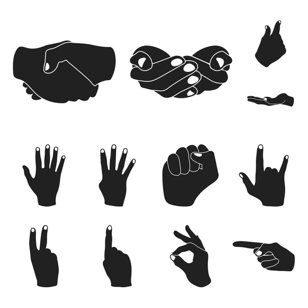 Ручной жест черные иконки в коллекции наборов для дизайна. Рисунок векторных символов ладони и пальца
. - Вектор,изображение