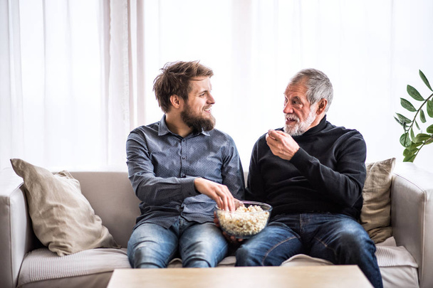 Hipster son and his senior father with laptop at home. - Foto, afbeelding