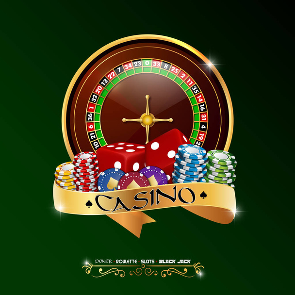 Casino roulette wheel with chips, red dice, isolated on green background - Vector, Image