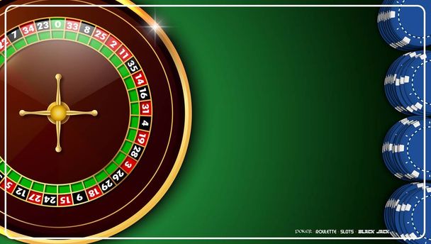 Casino roulette wheel with casino chips on green casino table - Vector, Image