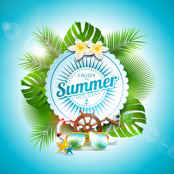 Vector Enjoy the Summer Holiday typographic illustration on white badge and tropical plants background. Flower, sunglasses and marine elements with blue sky. Design template for banner, flyer - Vektor, kép