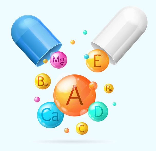 Realistic Detailed 3d Vitamin and Mineral with Pill Background Card. Vector - Вектор,изображение