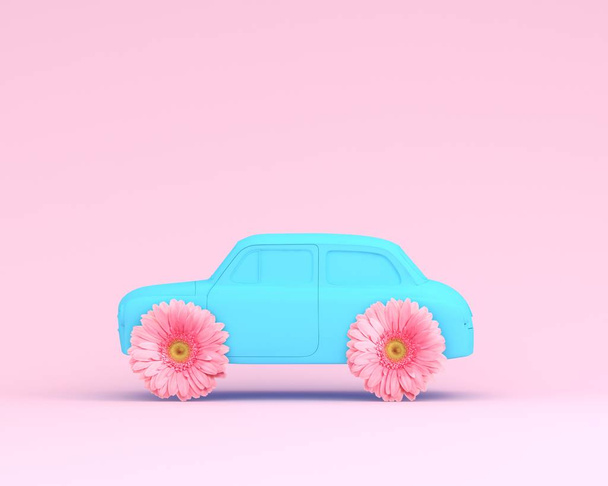Ροζ λουλούδι διάταξη τιμόνι και το αυτοκίνητο μπλε σε ροζ παστέλ φόντο. - Φωτογραφία, εικόνα