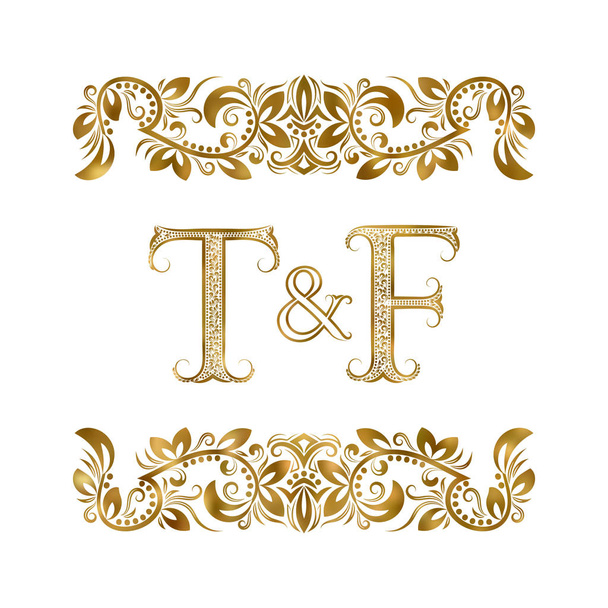 T y F vintage iniciales símbolo del logotipo. Las letras están rodeadas de elementos ornamentales. Boda o socios de negocios monograma en estilo real
. - Vector, Imagen
