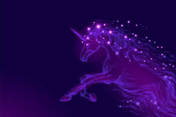 Purple violet glowing horse unicorn riding night sky star. Creative decoration magical backdrop shining cosmos space horn fairy myth moon light fantasy background vector illustration - Vector, imagen