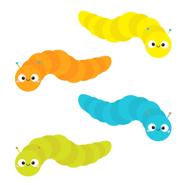 Caterpillar insect icon set. Baby collection. Crawling catapillar bug. Cute cartoon funny character. Smiling face. Flat design. Colorful yellow orange blue green color White background Isolated Vector - Vector, Imagen