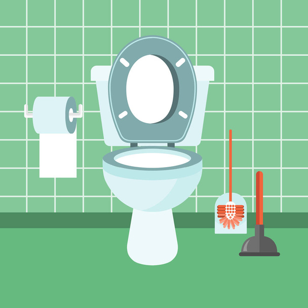 Bathroom interior with toilet bowl, toilet paper, brush and plumber. Flat vector illustration. - Vector, Image