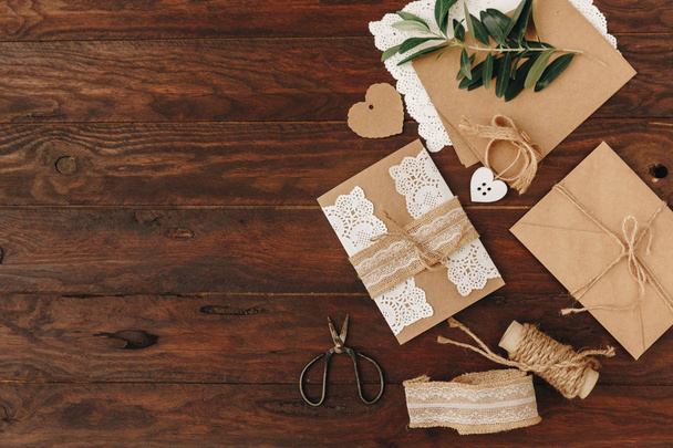 How to make Wedding Invitation. Rustic Diy concept. Handmade handcrafted items Flat lay - 写真・画像