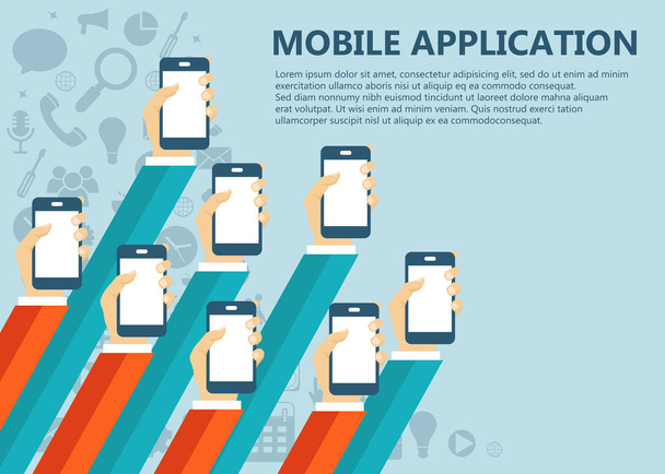 Mobile applications concept. Hands with phones. Flat vector illustration. - Vektor, Bild