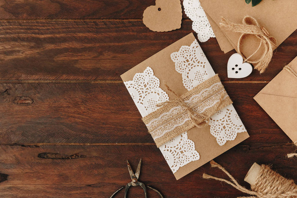 How to make Wedding Invitation. Rustic Diy concept. Handmade handcrafted items Flat lay - Foto, Imagen