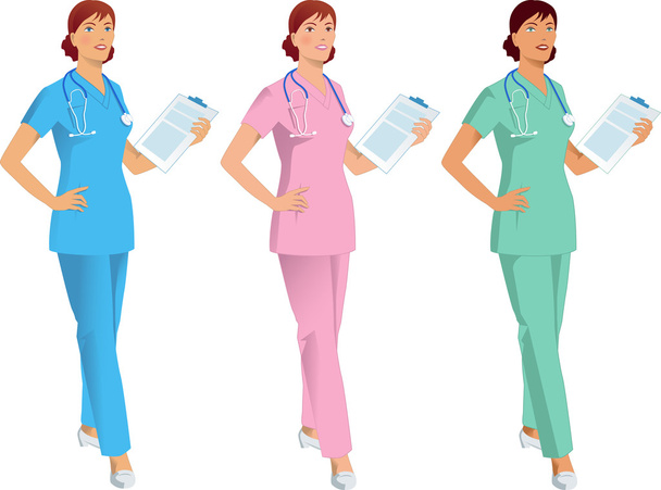 νοσοκόμα, γιατρός, ιατρική βοηθός σε τρεις παραλλαγές χρώματος - Διάνυσμα, εικόνα