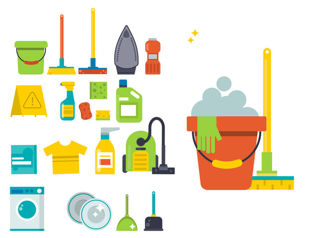 Takarítási szolgáltatás emblémák címke design otthon háztartási szimbólum munka ecset vektoros illusztráció. - Vektor, kép