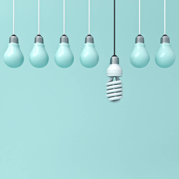 Een onverlichte eco energiebesparende lamp staande uit van opknoping lampen op groene pastel kleur achtergrond, leiderschap en verschillende creatieve idee concepten. 3D-rendering. - Foto, afbeelding