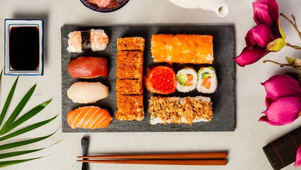 Flat-lay of sushi set - 写真・画像