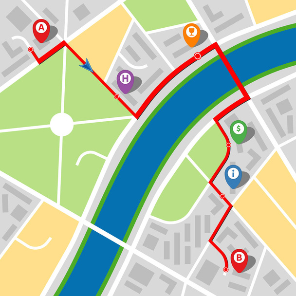 Plan de ville d'une ville imaginaire avec une rivière et itinéraire multi-arrêts
 - Vecteur, image