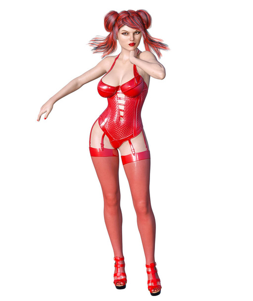 3D Beautiful sexy brunette girl red latex corset stockings.Minimalist extravagant clothes future.Woman studio photography.High heel.Conceptual fashion art.Seductive candid pose.Render illustration - 写真・画像