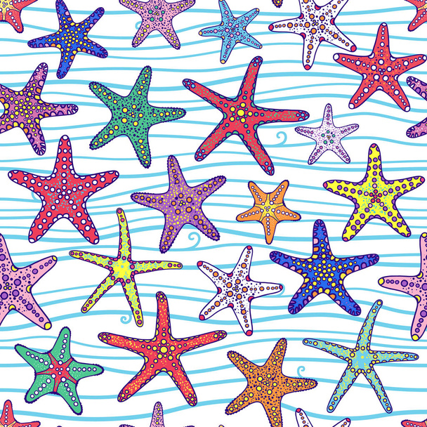 Vector illustration, seamless pattern with colorful decorative starfish. - Vektor, Bild