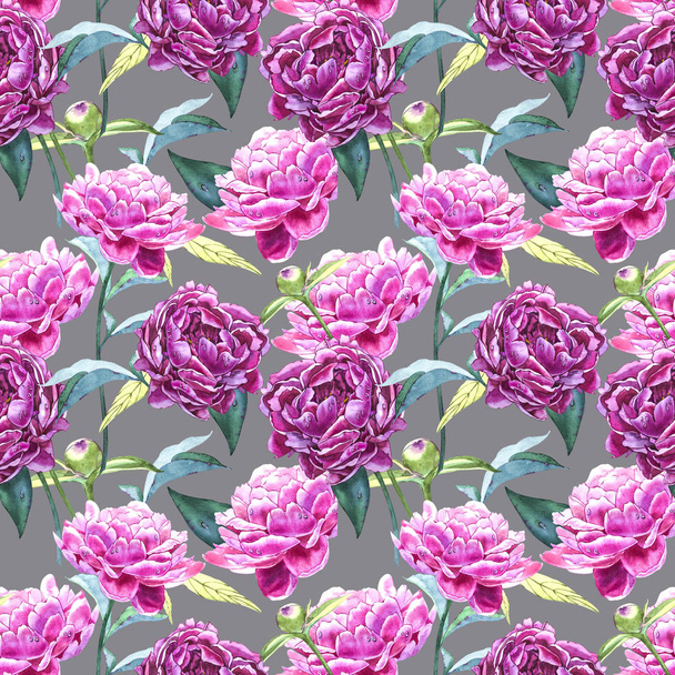 Seamless background with peony flowers. Watercolor illustration. Graphic hand drawn floral pattern. Textile fabric design. - Foto, afbeelding