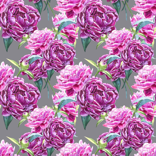 Seamless background with peony flowers. Watercolor illustration. Graphic hand drawn floral pattern. Textile fabric design. - Фото, изображение
