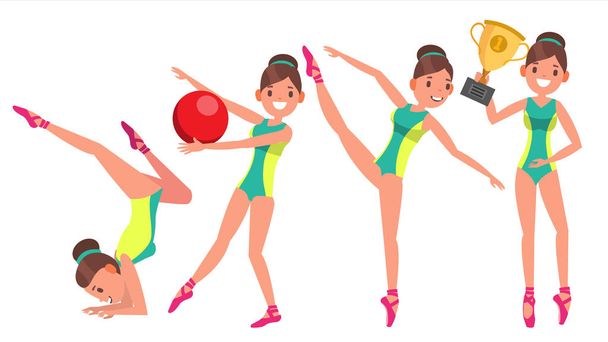 Gymnastics Female Player Vector. Gymnastic Tape, Hoop, Mace. Slim. Dance. In Action. Cartoon Character Illustration - Vector, Image
