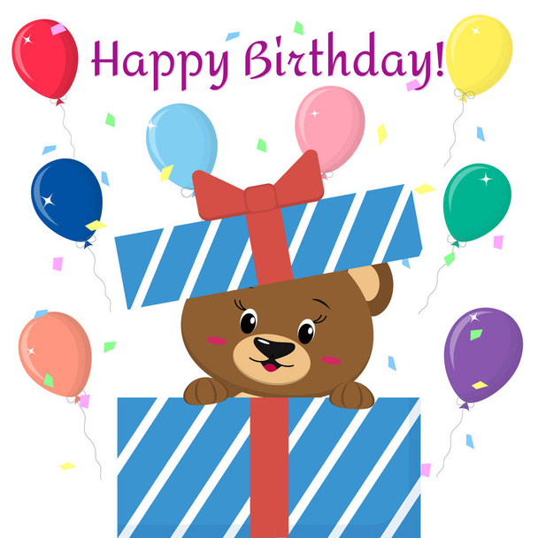 Brown bear peeks out of the gift box on the background of balloons. Happy Birthday. - Vector, imagen