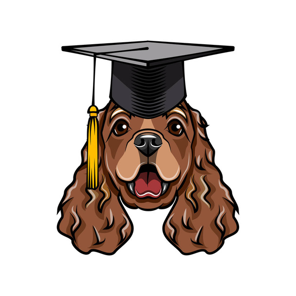 Cocker Spaniel dog graduate. Graduations cat hat. English Cocker Spaniel breed. Education symbol. Dog portrait. Vector. - Wektor, obraz