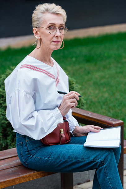 élégant femme âgée écriture dans le journal tandis que assis sur le banc dans le parc
 - Photo, image