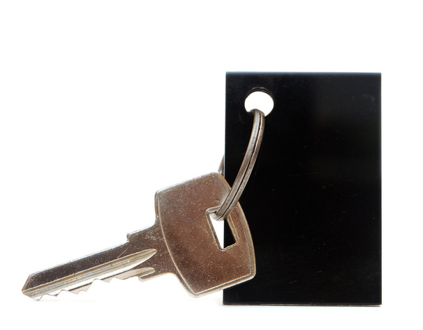 lege tag en een sleutel geïsoleerd op witte achtergrond - Foto, afbeelding