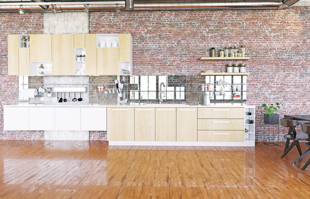 ロフト スタイルのモダンなキッチン ゾーン。3 d レンダリング概念  - 写真・画像