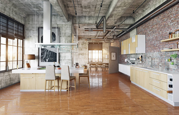 Nowoczesna kuchnia strefy z cegły ściany w stylu loftu. koncepcja renderowania 3D  - Zdjęcie, obraz