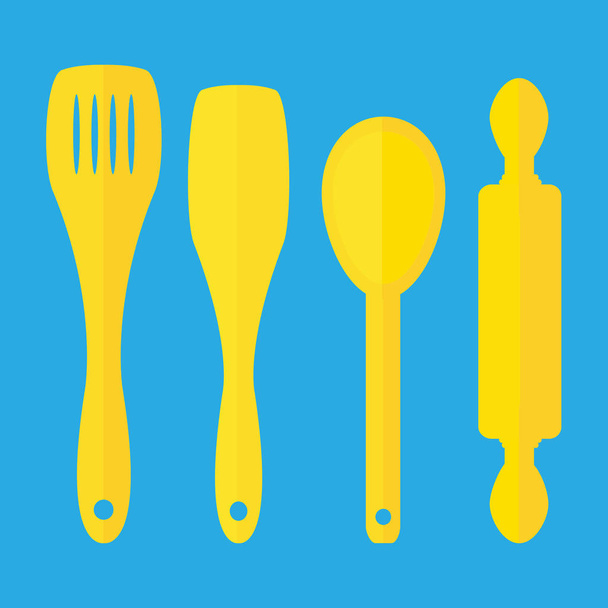 Maravilloso diseño de un conjunto de herramientas de cocina sobre un fondo azul
 - Vector, Imagen