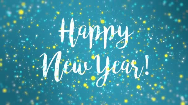 Amarelo brilhante azul Feliz Ano Novo animação de vídeo cartão de saudação com partículas brilhantes coloridas caindo
. - Filmagem, Vídeo